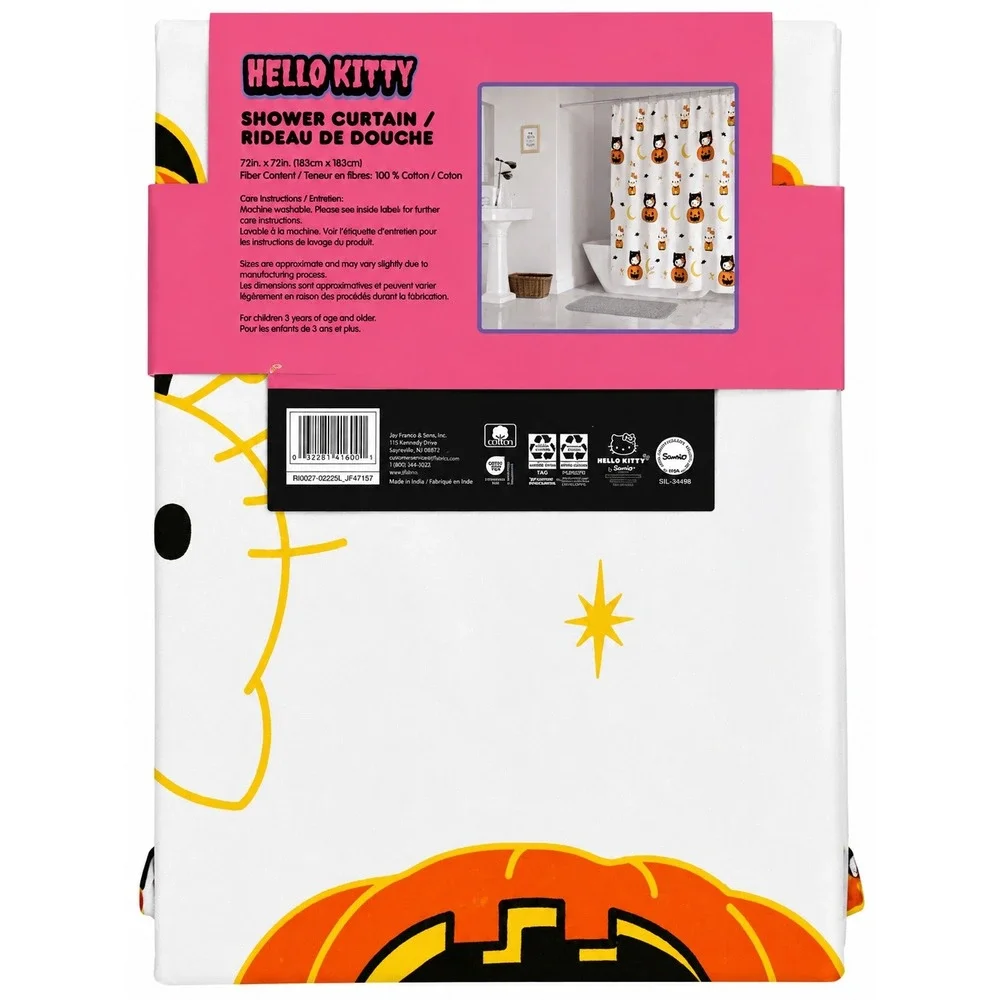 Hello Kitty Halloween Shower Curtain 100% Cotton Pumpkin Black Cat 72x72 New